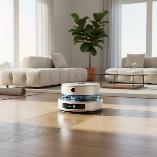 请生成一款拖地机器人图片,机器人要位于图片中央,需要在房屋内扫地工作的场景,需要正方形比例的图片尺寸